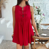 Vestido sin mangas para mujer – Corte holgado – Plisado – Cuello redondo con lazo – Corto