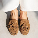 Mocasines de mujer – Zapatos casuales – Punta cerrada perforada – Detalle de flecos