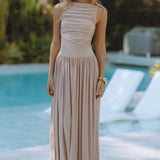 Vestido sin mangas de mujer – Corte entallado – Cintura fruncida – Largo – Tejido ligero