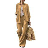 Conjunto de camisa y pantalón para mujer – algodón suave – pernera ancha – manga larga, cuello camisero