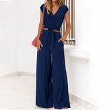 Conjunto de dos piezas para mujer: top corto con lazo delantero y pantalón ancho de cintura alta.