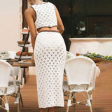 Conjunto de vestido largo de punto para mujer, corte ajustado, top corto sin mangas y detalle de encaje.