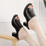 Mules de tacón para mujer – Piel suave – Punta abierta – Tacón ancho – Fáciles de poner