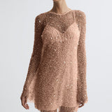 Vestido de cóctel para mujer – Corte entallado – Mangas largas – Lentejuelas – Largo mini