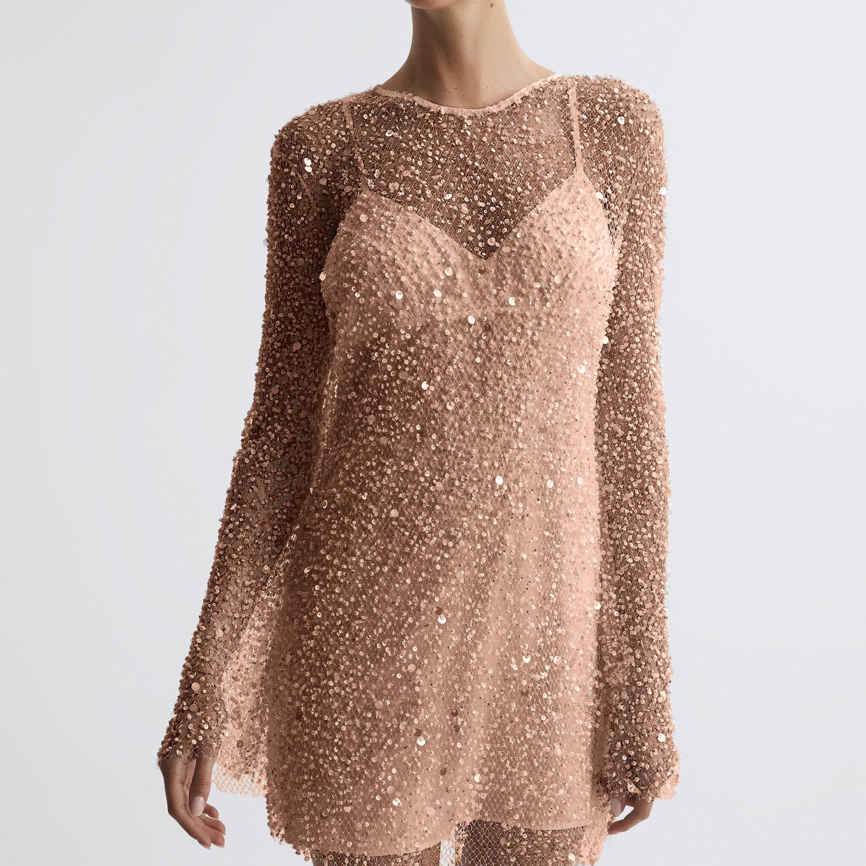 Vestido de cóctel para mujer – Corte entallado – Mangas largas – Lentejuelas – Largo mini
