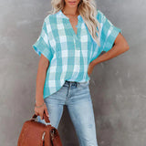 Blusa de mujer – Corte holgado – Estampado de cuadros – Mangas cortas – Algodón transpirable
