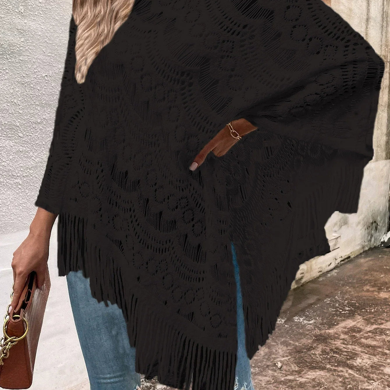 Chal de mujer – Punto de encaje – Corte extragrande – Dobladillo asimétrico con flecos