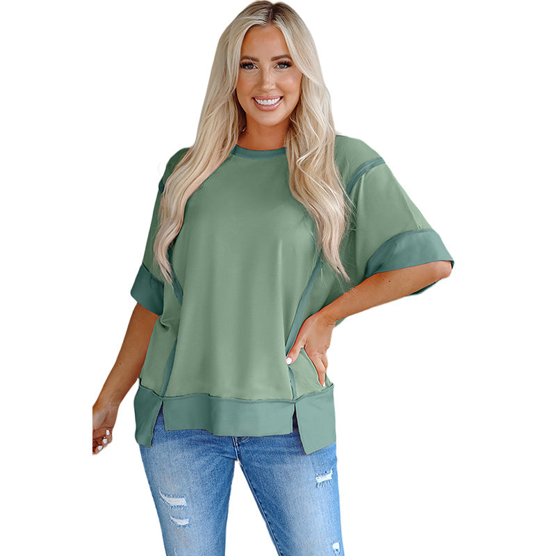 Top de manga corta para mujer – Corte holgado – Tejido de algodón – Diseño con bloques de color – Abertura lateral
