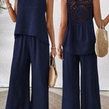 Conjunto de dos piezas para mujer: lino, top de crochet sin mangas y pantalón ancho de cintura alta.