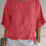 Blusa de manga corta para mujer – Corte fluido – Mezcla de lino y algodón – Cuello redondo – Ribete con volantes