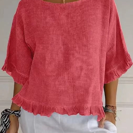 Blusa de manga corta para mujer – Corte fluido – Mezcla de lino y algodón – Cuello redondo – Ribete con volantes