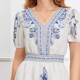 Minivestido para mujer – Algodón ligero – Corte holgado – Mangas cortas – Cuello en V estampado