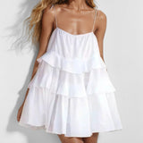 Vestido mini de mujer – Espalda abierta – Tirantes finos – Corte fluido y evasé – Pliegues superpuestos