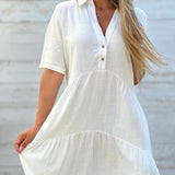 Vestido casual de mujer – Corte holgado – Mangas cortas – Cuello camisero – Fibras naturales