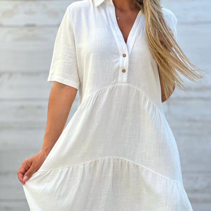Vestido casual de mujer – Corte holgado – Mangas cortas – Cuello camisero – Fibras naturales