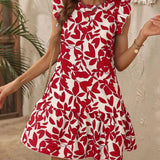 Kiera - Vestido de verano para mujer - Mangas con volantes - Estampado de hojas - Bajo con volantes - Estilo playero