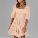 Vestido evasé para mujer – Algodón ligero – Mangas abullonadas – Escote cuadrado – Bajo con volantes