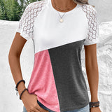 Camiseta de mujer – Corte holgado – Mangas de encaje – Estampado geométrico – Cuello redondo