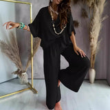 Conjunto de dos piezas para mujer: tejido transpirable, top con cuello en V y pantalón ancho.