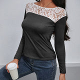 Camiseta de manga larga para mujer – Corte entallado – Encaje floral – Cuello redondo elegante
