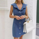 Vestido vaquero de mujer – Corte entallado – Sin mangas – Tapeta festoneada – Corto