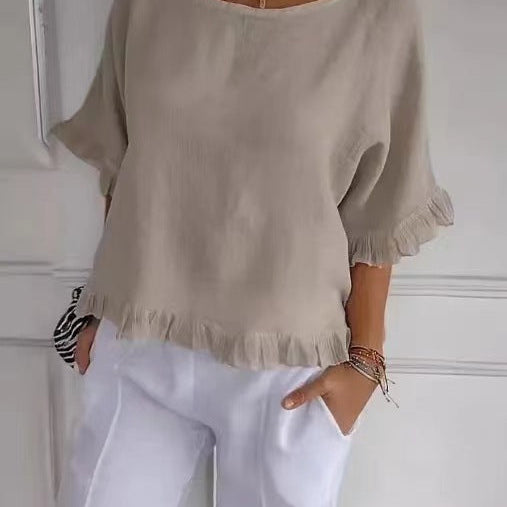 Blusa de manga corta para mujer – Corte fluido – Mezcla de lino y algodón – Cuello redondo – Ribete con volantes