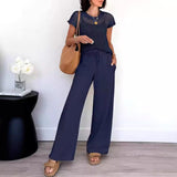 Conjunto de mujer: Top de malla de manga corta y pantalón ancho y fluido