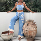 Conjunto de camiseta de tirantes acanalada y pantalón ancho para mujer, estampado floral, tejido ligero.