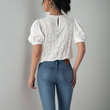 Blusa de mujer – Corte relajado – Tejido transpirable – Mangas abullonadas – Lazos delanteros