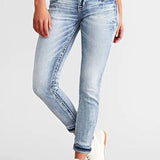 Vaqueros ajustados para mujer – Denim elástico – Bordados – Largo hasta el tobillo – Estilo casual