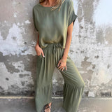 Conjunto de dos piezas para mujer – Lino y algodón – Corte holgado – Pantalón ancho – Manga corta