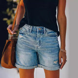 Shorts vaqueros para mujer – Corte recto relajado – Bajo enrollado – Tejido transpirable