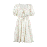 Vestido evasé para mujer – Algodón ligero – Mangas abullonadas – Estampado floral – Escote cuadrado