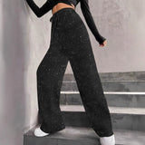 Pantalón ancho de mujer – Cintura alta – Acabado con lentejuelas – Cintura elástica