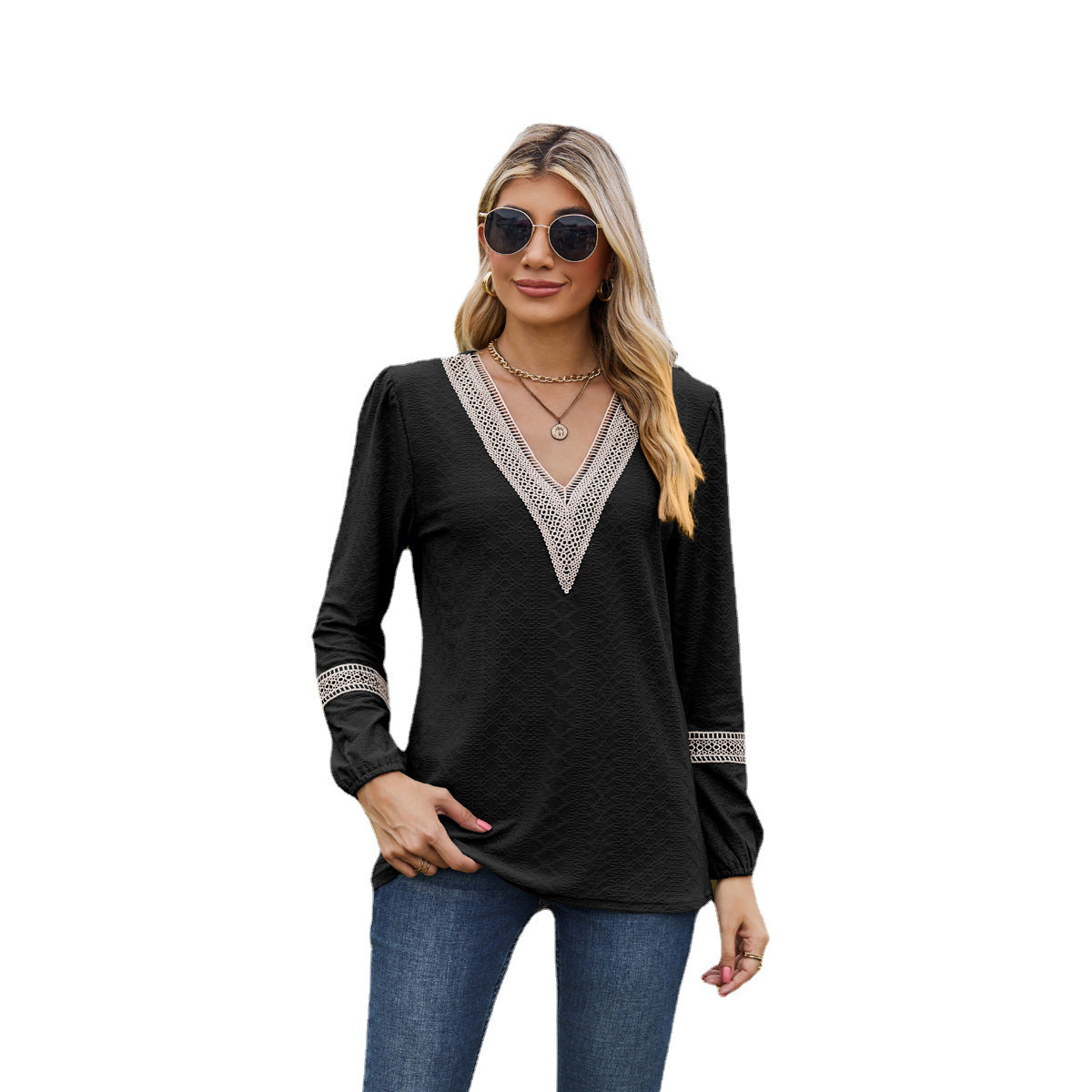 Camiseta de manga larga para mujer – Corte holgado – Cuello en V de encaje – Tejido suave y transpirable