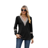 Camiseta de manga larga para mujer – Corte holgado – Cuello en V de encaje – Tejido suave y transpirable