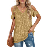 Top de mujer – Hombros descubiertos – Cuello en V – Corte holgado – Parte delantera con lentejuelas