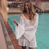 Vestido de playa para mujer – Tejido ligero de crochet – Corte fluido – Mangas acampanadas – Mini