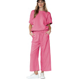 Conjunto informal para mujer: tejido texturizado ligero, corte holgado y cintura ajustable con cordón.