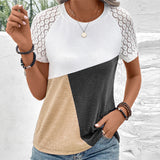 Camiseta de mujer – Corte holgado – Mangas de encaje – Estampado geométrico – Cuello redondo