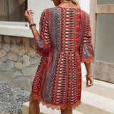 Vestido de mujer – Corte evasé – Escote en pico – Estampado bohemio – Mangas 3/4 – Encaje – Tejido ligero