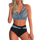 Bikini de mujer – Top cruzado sin espalda – Cintura alta – Estampado étnico – Tejido elástico