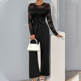 Mono de mujer – Elegante encaje – Mangas largas – Piernas anchas – Cinturón ajustable