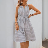 Vestido de verano para mujer – Algodón ligero – Corte evasé – Espalda abierta – Cinturón – Rayas