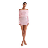 Vestido de playa para mujer – Punto ligero – Corte entallado – Hombros descubiertos – Mangas largas
