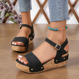 Sandalias de cuña para mujer – Suela de yute – Punta abierta – Correa con hebilla ajustable