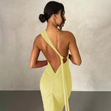 Vestido largo de mujer – Corte ajustado – Hombros descubiertos – Escote asimétrico – Fruncido