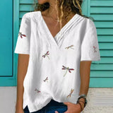 Blusa de mujer – Cuello en V – Corte holgado – Detalles de libélula bordada – Mangas cortas