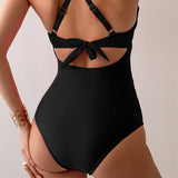 Traje de baño de una pieza para mujer – Corte entallado – Cintura alta – Escote cruzado – Detalle de corte
