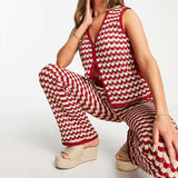 Conjunto de chaleco abotonado y pantalón ancho para mujer – Punto suave – Cintura elástica